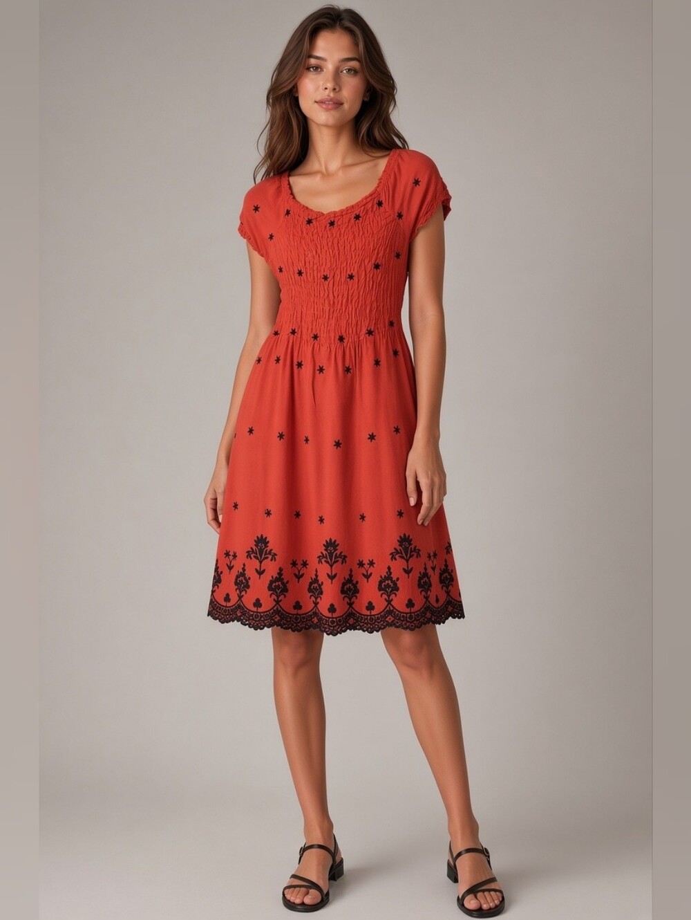 Love Tree Red Short Sleeve Star & Floral Embroidered Dress - Picture 1 of 5